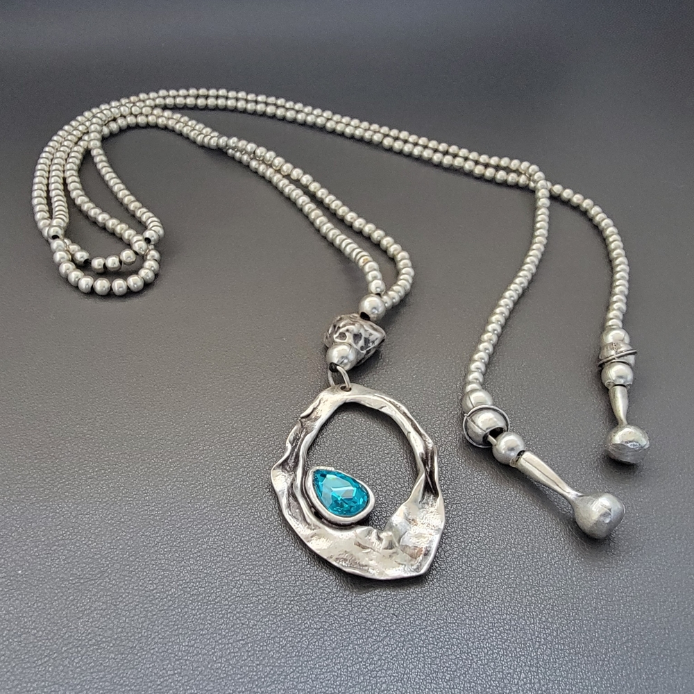 Pewter-Tone Silver-Plated Lariat Necklace with Aqua Crystal - Picture 7 of 8